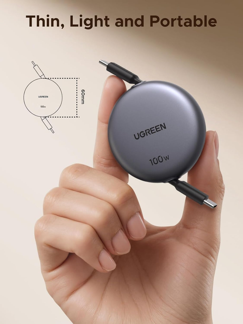 UGREEN Retractable USB C to USB-C Charger Cable 100W Fast Charging.