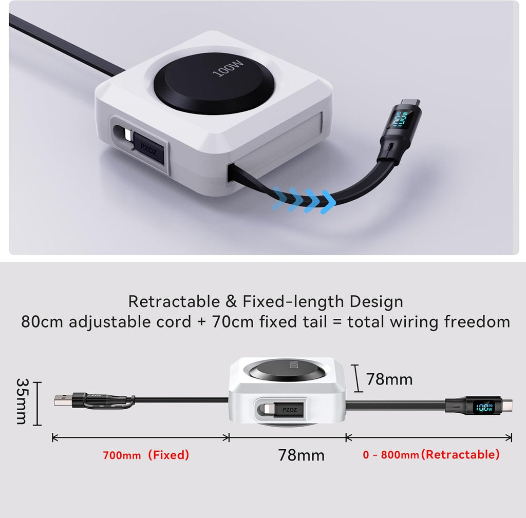 PZOZ 100W Retractable Multi Charger Cable with LED Display.